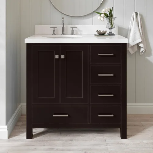 Vista 82 de ARIEL Cambridge tocador de baño con fregadero, madera maciza, encimera y protector contra salpicaduras de cuarzo blanco puro de 1.5 pulgadas