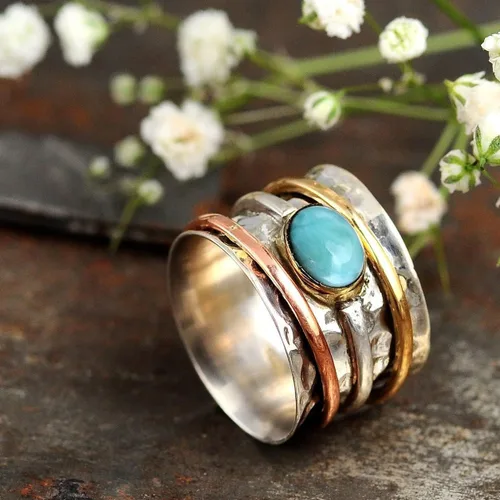 Vista 2 de Boho-Magic Anillo giratorio de plata de ley 925 con larimar para mujer con cobre y latón