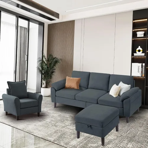 Vista 6 de Juego de 2 sofás para sala de estar, sofás convertibles en forma de L de 3 asientos con otomana y silla decorativa, sofá moderno de lino para Gris