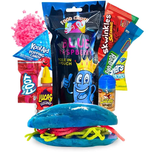 Vista 11 de Kit de Pepinillos de Frambuesa Azul - Con Triturado de Algodón de Azúcar - Bolsa de Regalo de Dulces - (13 PIEZAS) Regalos de Cumpleaños Para Niños