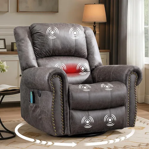 Vista 9 de MEETWARM Sillón reclinable giratorio de masaje con calor y vibración, mecedora manual mecedora, silla reclinable giratoria de 360° con control
