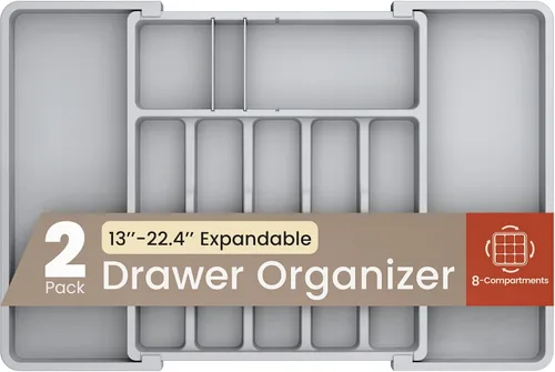 Vista 7 de Organizador de cajones de utensilios expandible negro, 1 paquete, ajustable de 13 a 22.4 pulgadas, organizador de cubiertos de 5 compartimentos