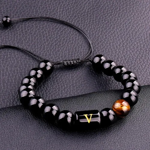 Vista 108 de SUMMER LOVE Regalos para el Día del Padre, pulsera con inicial de piedra de ónix negro de 0.394 pulgadas para hombres, pulsera de cuerda trenzada