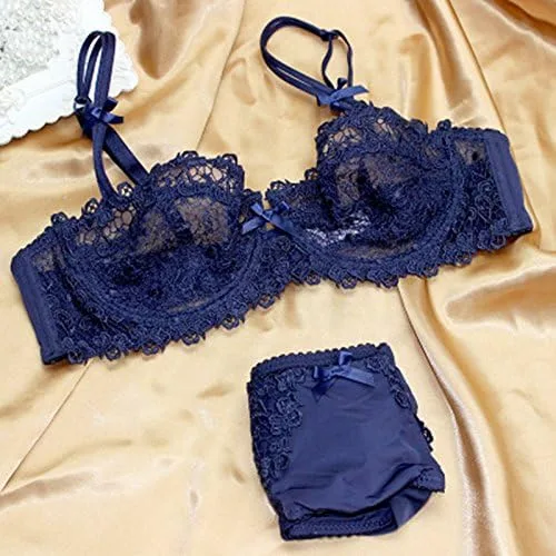 Vista 3 de Lefox Lumiere - Conjunto de brasier balconette sin forrar y bombachas de encaje para mujer