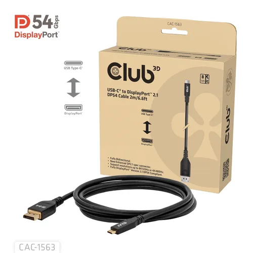 Vista 2 de Club 3D Cable USB tipo C CAC-1563 a mínimo DP 2.1 Cable certificado VESA DP54 bidireccional M/M 6.6 ft/6.56 pies
