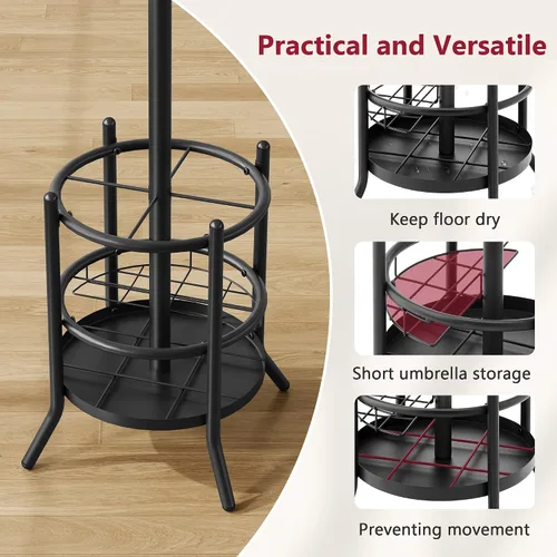 Vista 5 de Perchero con Soporte para Paraguas, Árbol de Abrigos Independiente con 16 Ganchos, Soporte para Perchero para Sala de Estar, Dormitorio, Oficina
