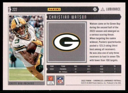 Vista 2 de 2022 Panini Chronicles Luminance Update Rookies #222 Christian Watson Green Bay Packers RC Rookie Card Official NFL Football Card in Raw