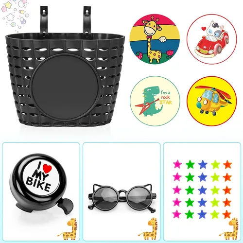 Vista 8 de Cesta de bicicleta para niños, cesta de bicicleta con campana, radios de rueda, gafas, accesorios de bicicleta para niños y niñas