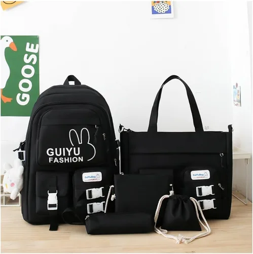 Vista 2 de Linda mochila con accesorios kawaii 5PCS Set Mochila de gran capacidad, Conjunto de cinco piezas negro