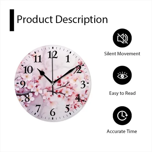Vista 5 de Relojes de pared de cuarzo, silenciosos, funcionan con pilas, modernos relojes de pared decorativos para el hogar, dormitorio, flores de cerezo