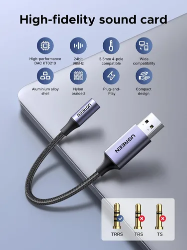 Vista 2 de UGREEN Adaptador de audio USB a conector de 3.5 mm Tarjeta de sonido con soporte para micrófono TRRS Auriculares DAC 24bit 96kHz USB a conector