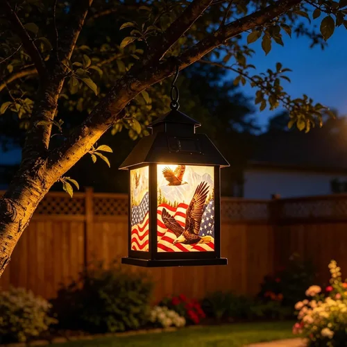 Vista 9 de Afirst Farol solar para exteriores, luces colgantes decorativas con bandera estadounidense, iluminación al aire libre, luces impermeables