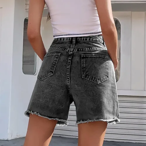 Vista 6 de PANOEGSN Pantalones cortos de mezclilla casuales para mujer, pantalones cortos de mezclilla de cintura alta para verano, pierna recta, dobladillo