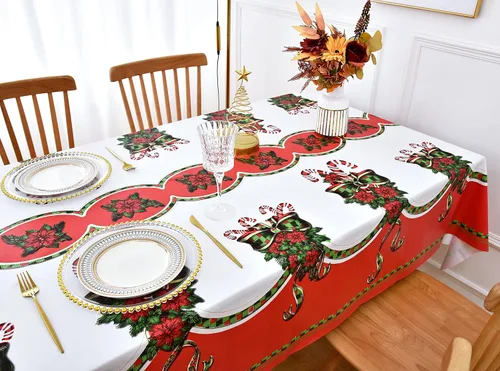 Vista 2 de Rally Home Goods Mantel rectangular de vinilo de alta calidad, color rojo festivo para Acción de Gracias y Navidad, cubierta protectora de plástico