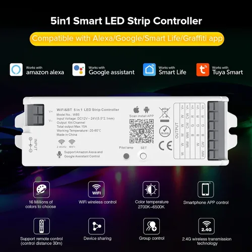 Vista 4 de SEZO WB5 5 en 1 Tuya WiFi 2.4GHz PWM LED controlador para atenuación RGB RGBCCT RGBW LED tira compatible con Alexa/Google Home/Tuya Smart Life APP