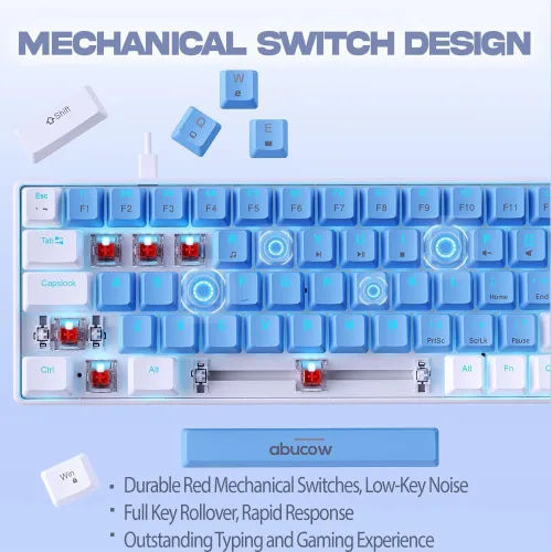 Vista 2 de abucow Teclado mecánico 60% para juegos, interruptor rojo, teclado compacto con cable con luz de fondo azul, teclas intercambiables azules