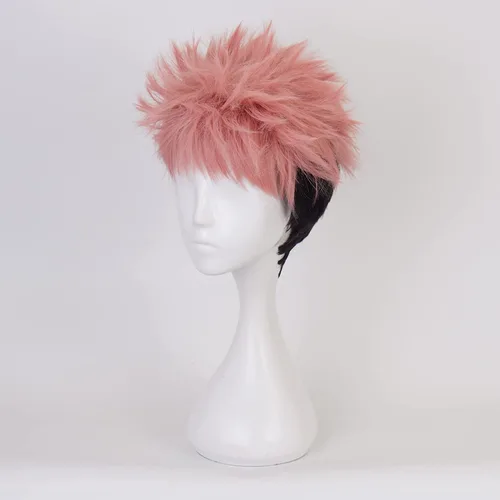 Vista 2 de Peluca de anime para cosplay de Jujutsu Kaisen Yuji Itadori rosa negro pelucas de repuesto de cabello corto para niñas y niños, fiesta, Halloween