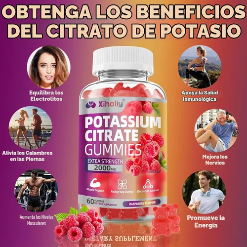 Vista 2 de Gomitas de citrato de potasio de 2000 mg, gomitas de electrolitos de alta potencia, 60 masticables