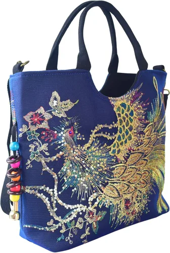 Vista 2 de Bolsos de hombro vintage para mujer, bolsos de mano, bolso de viaje para mujer con lentejuelas brillantes bordadas fénix
