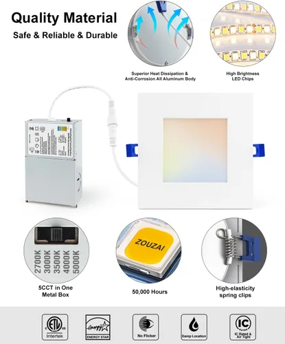 Vista 5 de zouzai juego de 12 luces LED empotrables cuadradas de 4 pulgadas para recortes redondos, luz descendente ultrafina de 5 CCT seleccionable y Blanco