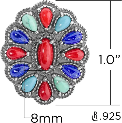 Vista 3 de Anillo de plata de ley American West con diseño de racimo de lapislázuli azul, turquesa y coral rojo, talla 5 a 10