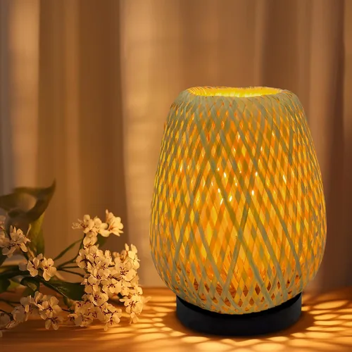 Vista 9 de Lámpara de mesita de noche estilo Boho de ratán - Lámpara tejida de bambú hecha a mano con 3 temperaturas de color para mesita de noche y sala