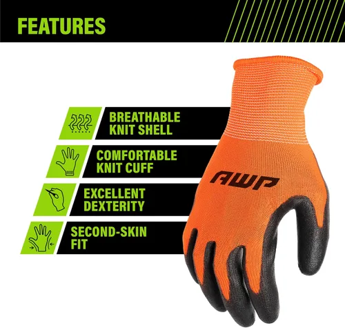Vista 3 de AWP Guantes de trabajo con revestimiento de poliuretano para hombres y mujeres, resistentes al agua, grandes, paquete de 3 pares