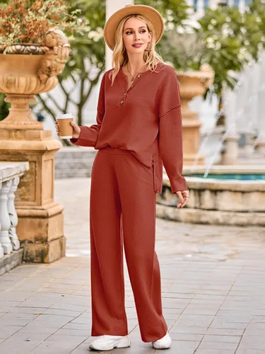Vista 8 de MEROKEETY Conjunto de 2 piezas para mujer, de manga larga, con botones, suéter y pantalones, conjuntos de descanso
