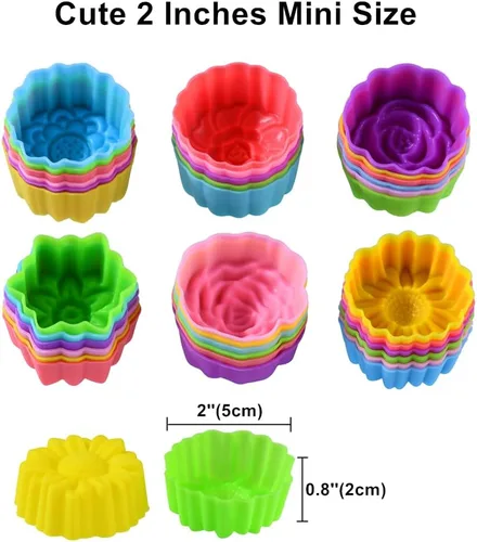 Vista 3 de Vasos de silicona reutilizables para hornear, forros de silicona de tamaño mini de 2 pulgadas para hornear, forros de muffins con múltiples formas