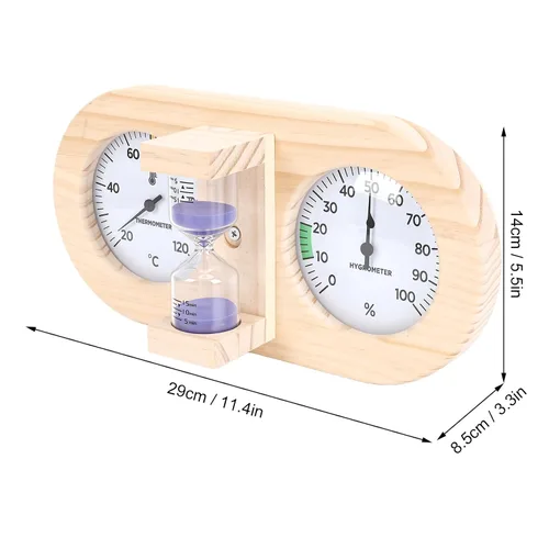 Vista 8 de Haofy Wooden Sauna Thermometer Hygrometer, Dual Dial Design with Sand Timer Function for Home and Commercial Sauna Rooms