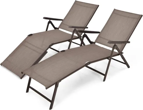 Vista 13 de Giantex Sillón de patio plegable, tumbona para tomar el sol al aire libre con respaldo de 5 posiciones, reposapiés de 2 posiciones, marco de acero
