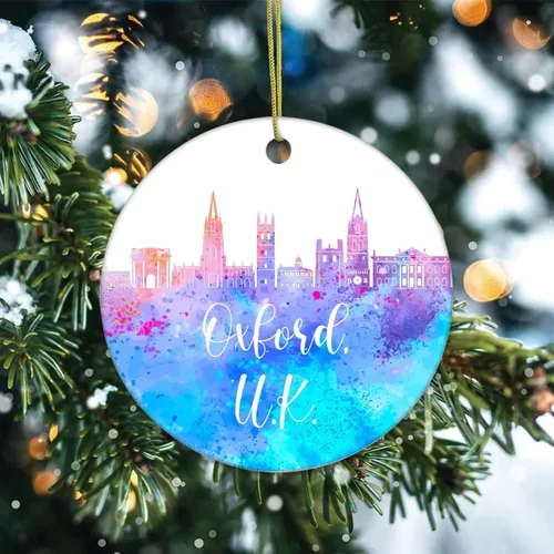 Vista 2 de Adorno navideño de cerámica Oxford impreso de dos caras, novedad para familiares, amigos, niños, silueta de vista de la ciudad, colgantes