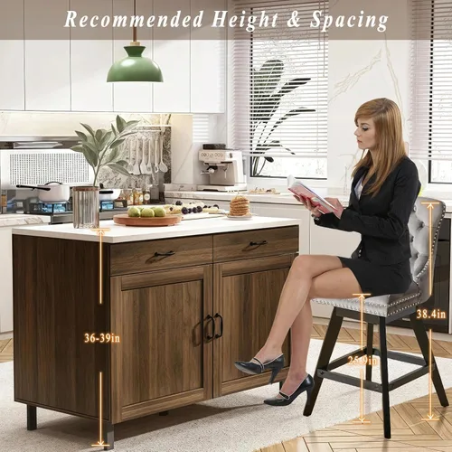 Vista 281 de SoarFlash Juego de 2 taburetes de bar tapizados de terciopelo moderno con patas de madera, botones acolchados, cabeza de clavo cromada, asiento
