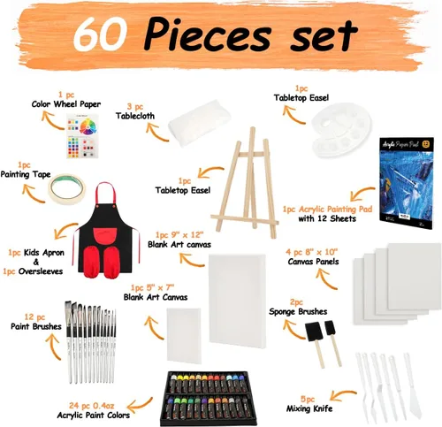 Vista 2 de Nicpro Juego de 60 piezas de pintura artística para niños, kit completo de suministros de pintura acrílica para niños y niñas con 24 pinturas