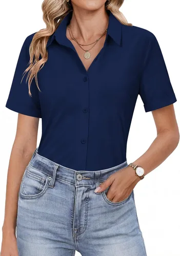 Vista 11 de HOTOUCH Camisas con botones para mujer, camisas de vestir de manga corta, blusas casuales de negocios, blusa de trabajo de oficina