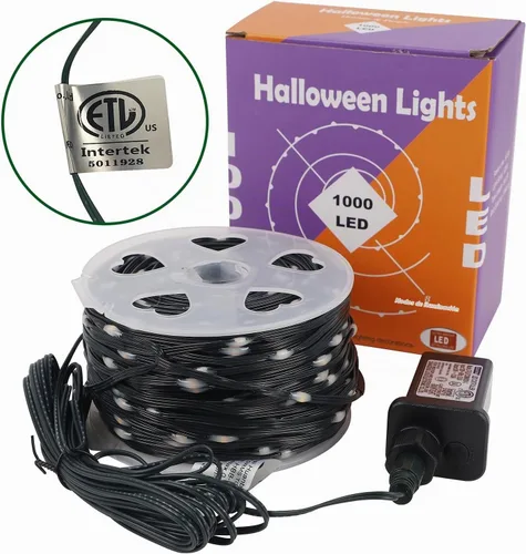 Vista 8 de WATERGLIDE - Extensión extralarga de 328 pies de luces de Halloween, 1000 luces LED para exteriores, luces de hada de alambre verde de PVC y cobre