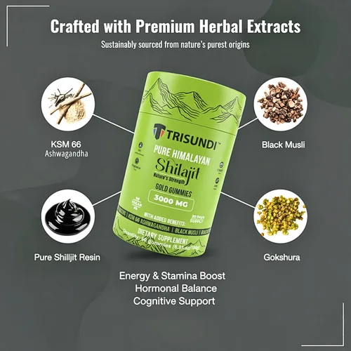 Vista 8 de Gomitas de oro Shilajit del Himalaya de 3000 mg Mezcla de hierbas con ginseng, KSM-66 Ashwagandha, Black Musli y Gokshura Suplemento vegano - 60