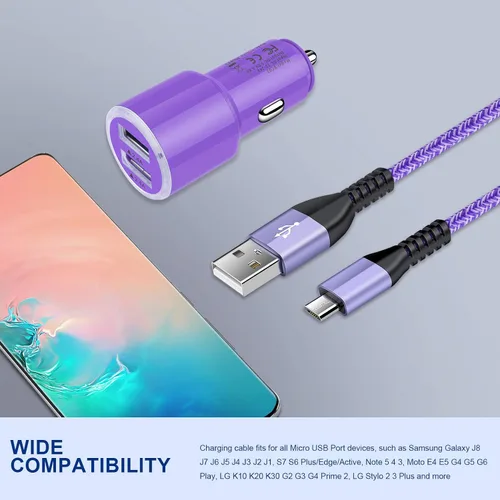 Vista 7 de Cargador de coche rápido dual de 4.8 A con cable micro USB Android para Samsung Galaxy S7 S6 J8 J7/J7V/Star/Crown/Prime/Refine J3, Note 5 4, Moto E4