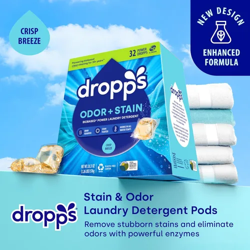 Vista 2 de Dropps Cápsulas de detergente para ropa a base de biológicas Odor & Stain Crisp Breeze HE compatibles con ropa fresca, suministros de jabón