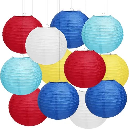 Vista 11 de 12 linternas de papel azules, faroles de papel de 10 pulgadas, decoraciones de fiesta azules para bodas, verano, cumpleaños, hogar, temática