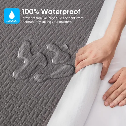 Vista 3 de Hanherry - Protector de colchón 100 % impermeable tamaño individual, color gris, funda de colchón de bambú 3D de tela de aire refrescante, suave