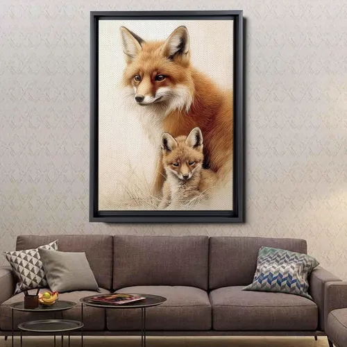 Vista 4 de Fox Mother Cub Print, In The Style Of Stencil-Based, Ivory, Kids Wall Art, Kids Wall Art Display, Mom And Baby Animal Art Print