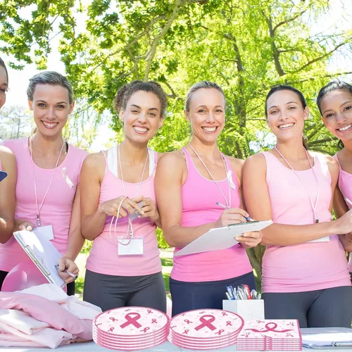 Vista 5 de 48 piezas de decoraciones para fiesta del cáncer de mama incluyen platos, servilletas, decoraciones para fiesta libres de cáncer para servir a 24