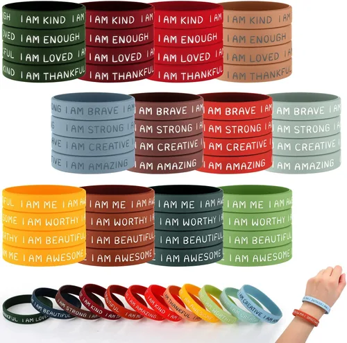 Vista 10 de Sratte 48 pulseras de silicona inspiradoras para niños, de goma motivacional, elásticas, unisex, pulseras de afirmación para estudiantes, regalo