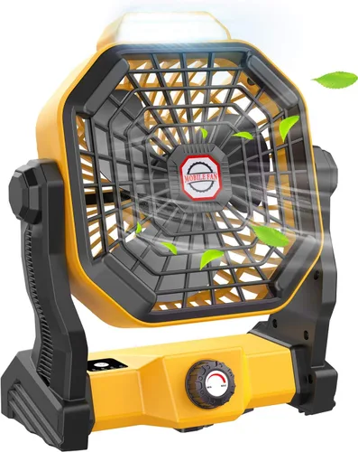 Vista 9 de JINLICTE Ventilador de camping con linterna LED, 36 horas 9 pulgadas, ventilador portátil recargable con batería con velocidad continua y funciona