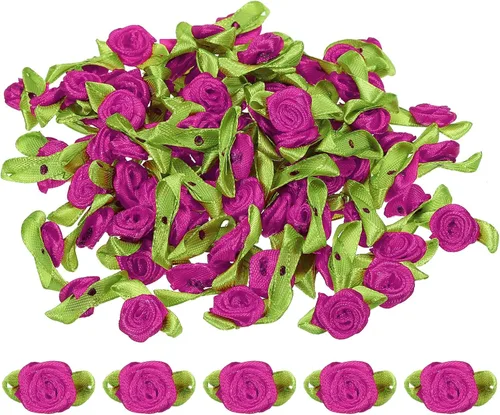 Vista 14 de PATIKIL Mini rosas de cinta, 100 unidades, pequeñas flores de tela de satén con adornos de hojas verdes, rosetas para manualidades, costura, boda