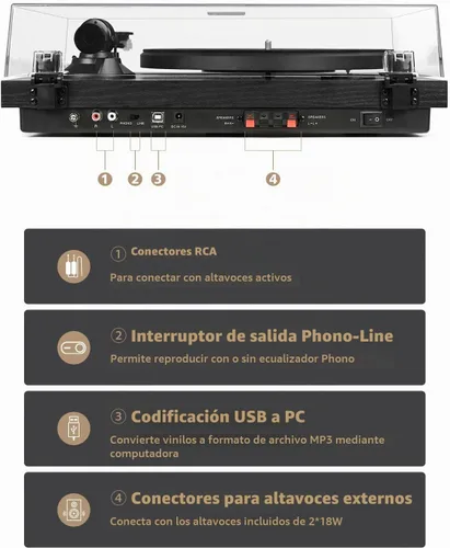 Vista 4 de Tocadiscos de Vinilo Bluetooth con Altavoces Estéreo de Estantería de 36 Vatios, Sistema Hi-Fi con Cartucho Magnético, Grabación USB y Parada Negro