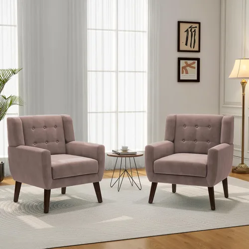 Vista 27 de Accent Chair Set of 1, Comfy Reading Armchair, Beige Linen Blend, Tufted Button Backrest, Solid Wood Frame, Upholstered Club Single Sofa Chairs