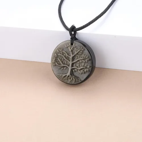 Vista 23 de COAI Collar de obsidiana negra con árbol de la vida para hombre