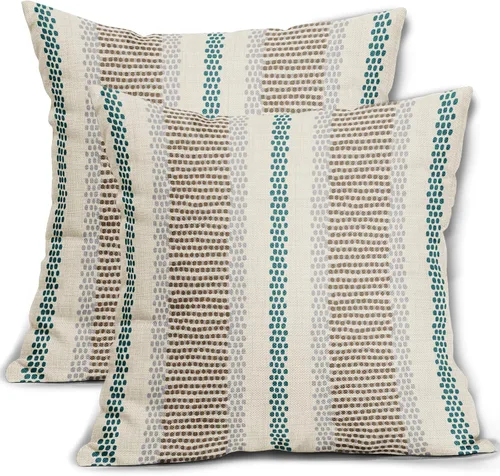 Vista 21 de Juego de 2 fundas de almohada negras y azules con rayas de puntos grises, decorativas para exteriores, estilo boho rústico, para sofá, cama, cojín